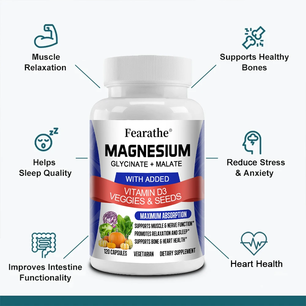 Magnesium Glycinate & Malate Complex, Vitamin D3, 100% Chelated for Maximum Absorption, Vegetarian - Bone Health, Nerve, Muscle