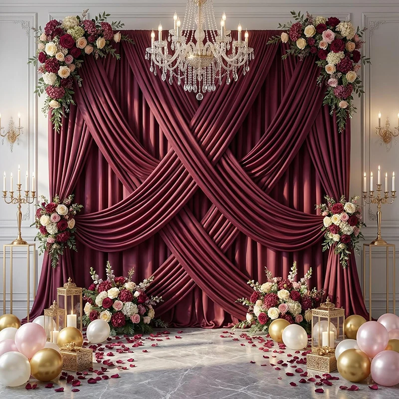 Rideaux de fond bordeaux en polyester infroissable pour photographie, décoration de mariage, baby shower, anniversaire, draperies de fond