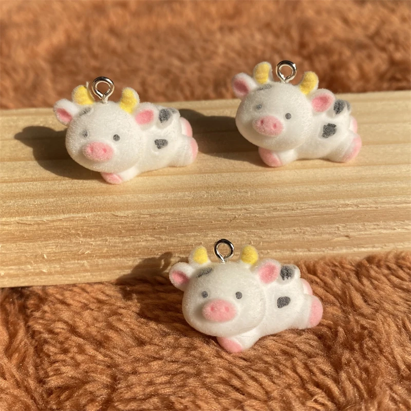 6pcs Flocking Small Cow Resin Charms Cute 3D Farm Animal Pendant For Earring Phone Chains DIY Key Jewelry Make