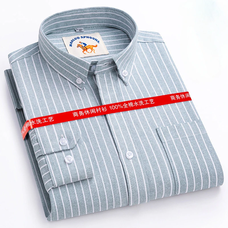 Men's Casual Shirt Cotton Oxford Plaid Strips Solid Color Long Sleeve Buttons Regular Version Business Casual Dress Shirt Men's