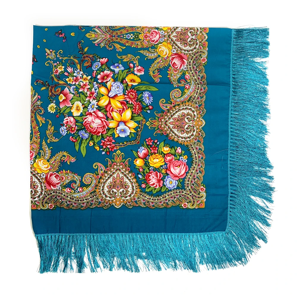 160*160cm Russian Square Scarf Women Retro Floral Print Fringed Bandana Blanket Shawl Babushka Handkerchief Hijab Head Wraps