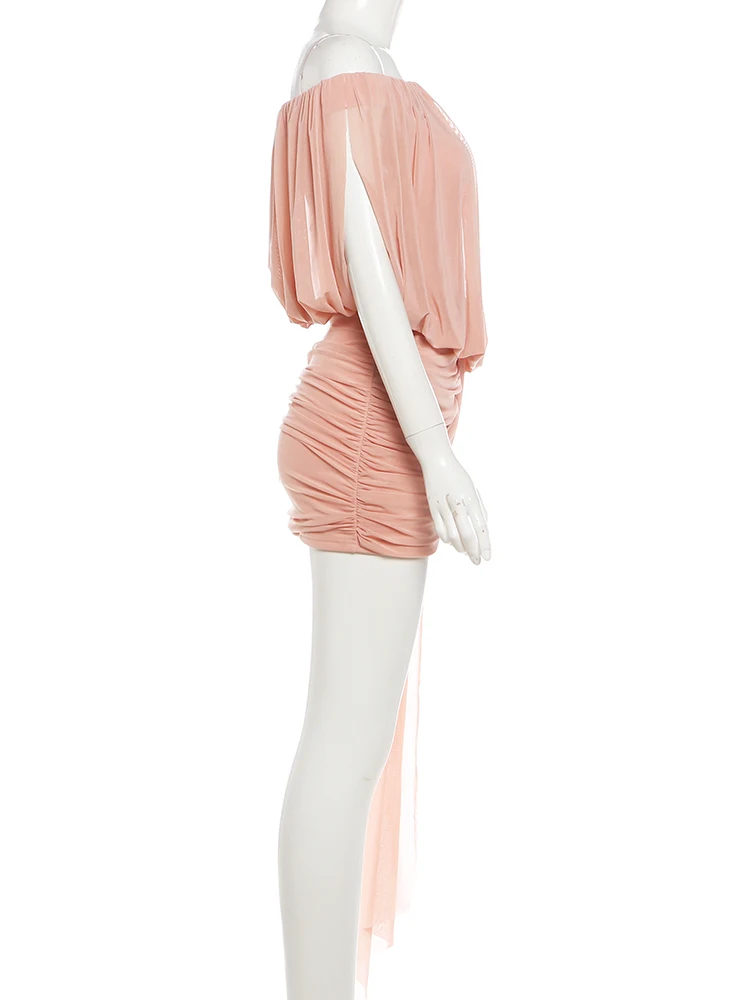 Sisterlinda Folds Tassel Slash Neck Dress Damen Mesh Solid Sweet Elegant Summer Trend Vacation Prom Party Classic Mini Bodycon – Detail 5