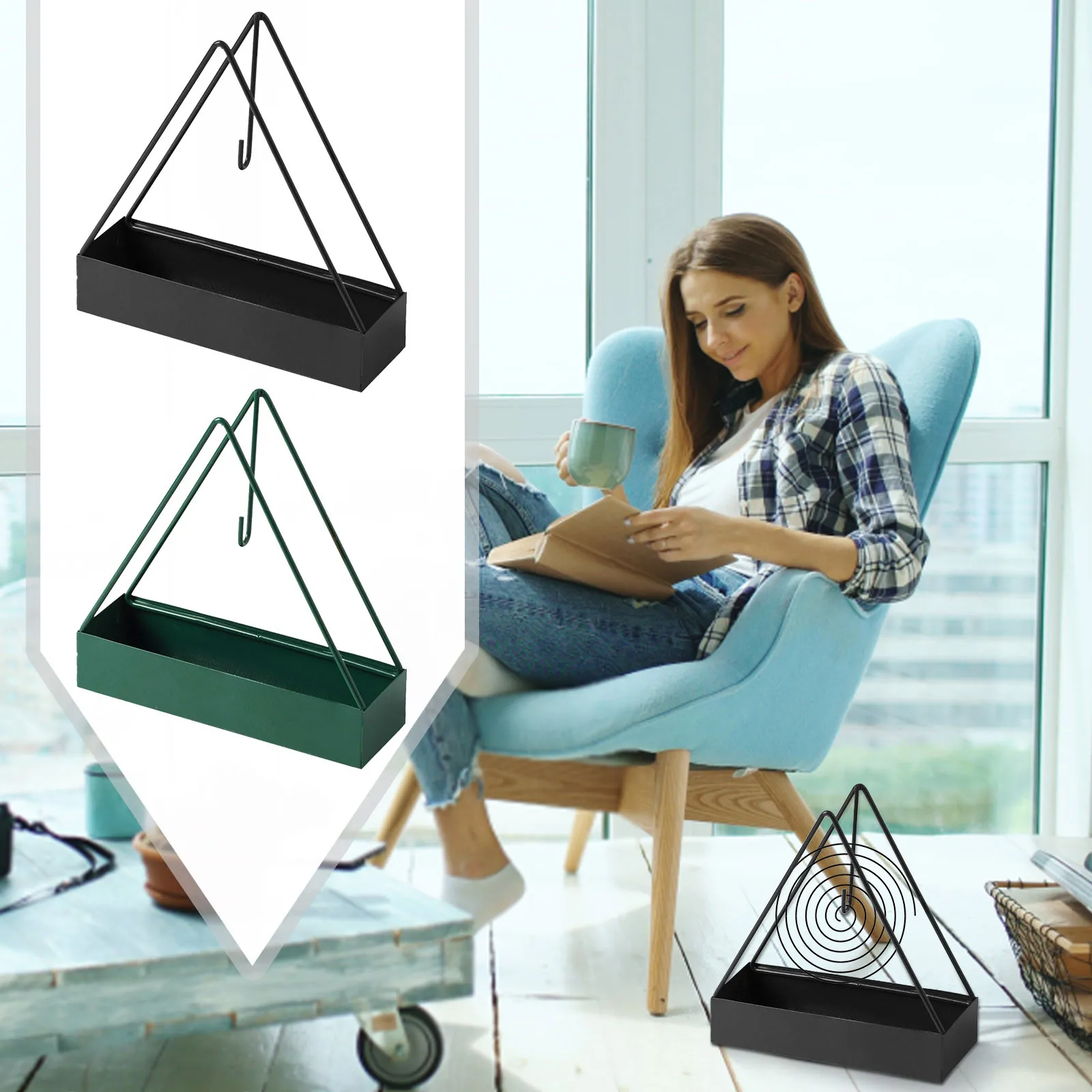Anti-Scald Mosquito Coil Holder with Tray Wrought Iron Triangular Shape Mosquito Repellent Incense Hanging Rack for Home