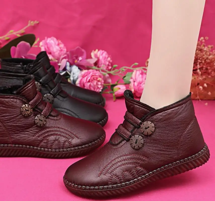 Winter Women Ankle Boots Fashion Warm Mother's Boots Flat-Bottom Comfortable Anti-Slip Side Zipper Closure Female Footwear