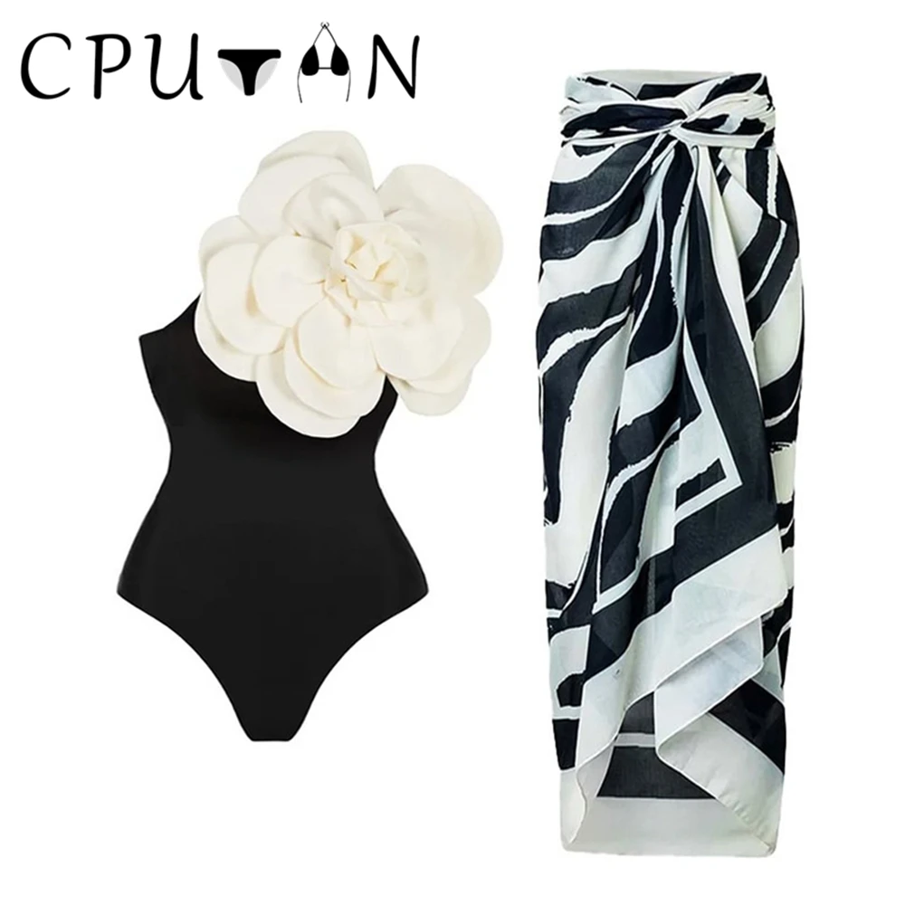 

CPUTAN 2024 New Sexy 3D Flower One Piece Shoulder Swimsuit Swimwear Women Solid Beach Dress Brazilian Monokini Skirt BathingSuit