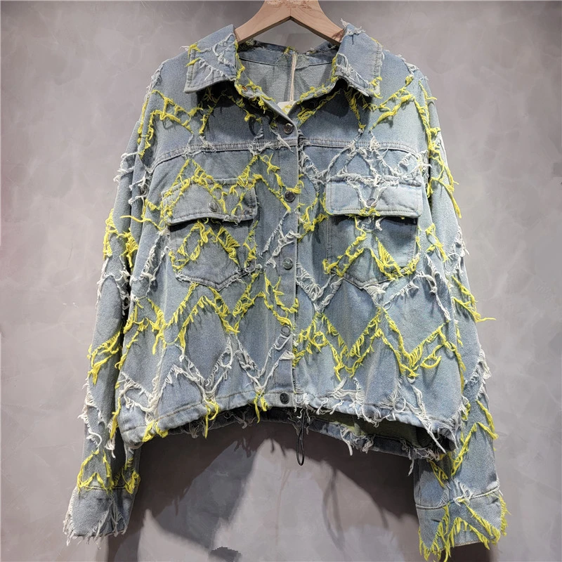 Retro Denim Jacket Women's Short Autumn Coat New 2024 Loose American High-end Foreign-style Washed Wave Tassel Jacket