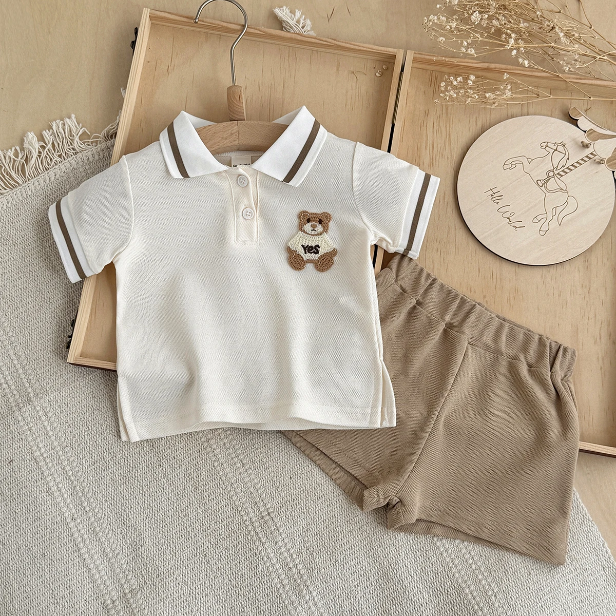 

Summer Baby Girls Boys Cotton Set Animal Embroidery T-shirt and Beige Shorts 2PCS Suit Children Preppy Style Outfit 0-3Y