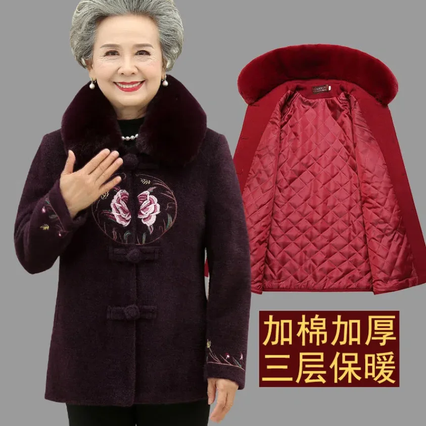 Middle-aged Elderly Women Winter Jacket Imitation Mink Velvet Thick Warm Woolen Coats Grandma Winter Overcoat Padded Parkas Coat