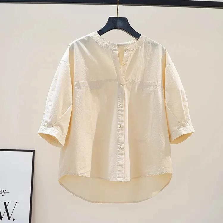 

Свободная хлопковая рубашка для похудения, женская модная повседневная блузка на весну-лето с рукавом три четверти, однотонный топ для миниатюрных женщин