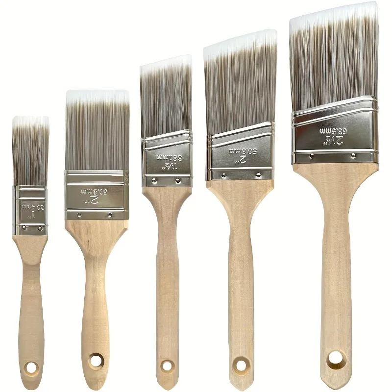 5pcs Professional Grade Synthetic Fiber Bristle Paint Brushes Set - Wooden Handles for Wall Cabinet and Fence Detail Work