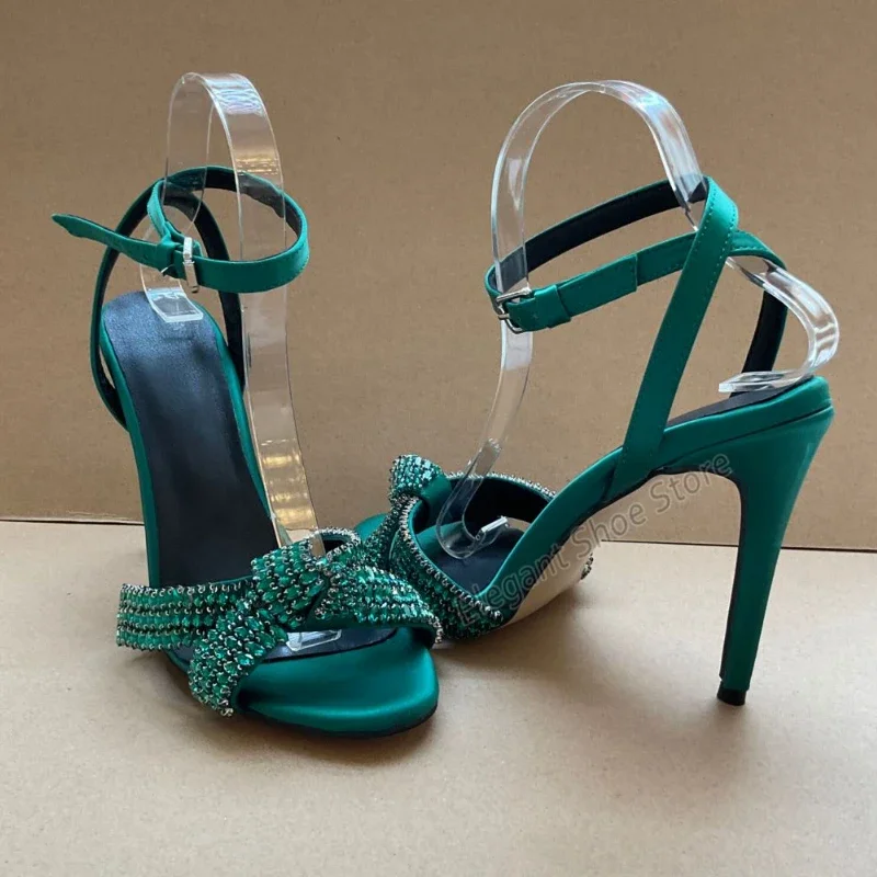 Green Crystal Bow Knot Sandals for Women Sexy Solid Ankle Buckle Party Wedding Shoes Summer New Peep Toe Thin High Heels Shoes