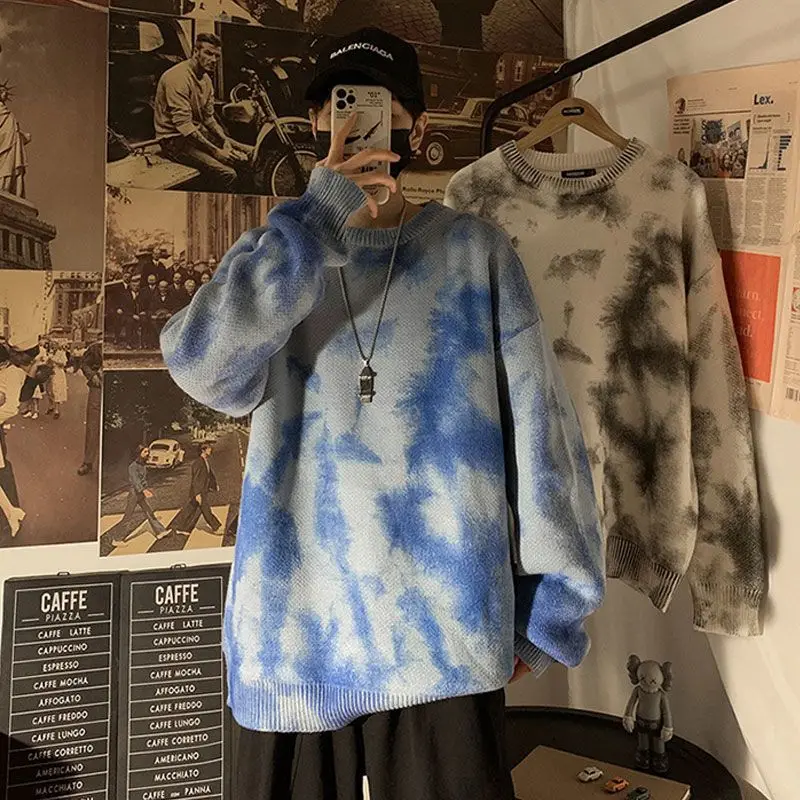 ผู้ชาย Pullovers เสื้อกันหนาว Tie Dye ฤดูใบไม้ร่วงฤดูหนาวหลวม Basic Harajuku ญี่ปุ่นใหม่ Ins เกาหลีอินเทรนด์ถัก All-Match นักเรียน warm