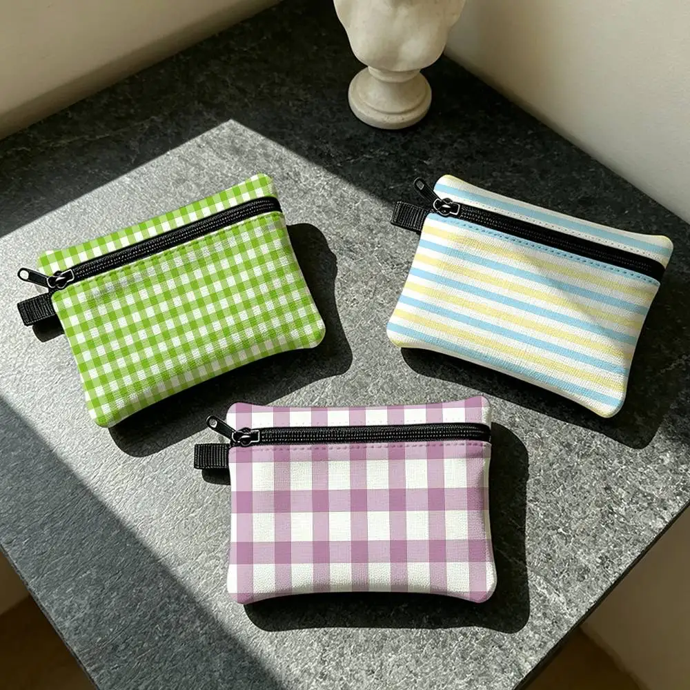Nordic Style Light Color Checker Stripe Mini Hanging Oxford Cloth Coin Bag Durable Zipper Key Card Pouch With Carabiner