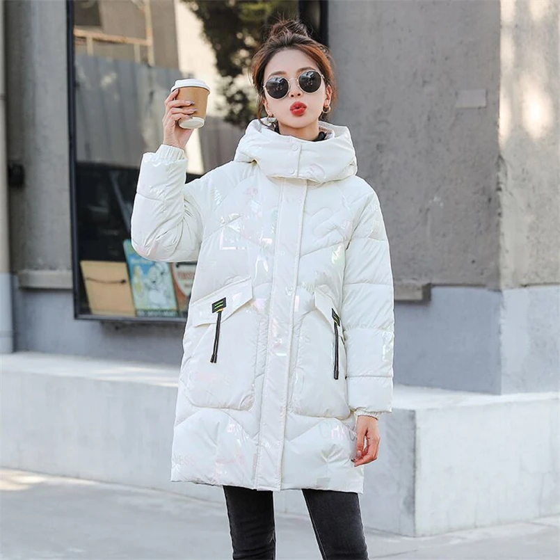 Pure Colors Hooded Long Parkas With Pocket Women Thick Down Cotton Coat Female Casual Loose Puffer Jacket Overcoat 2024 Winter