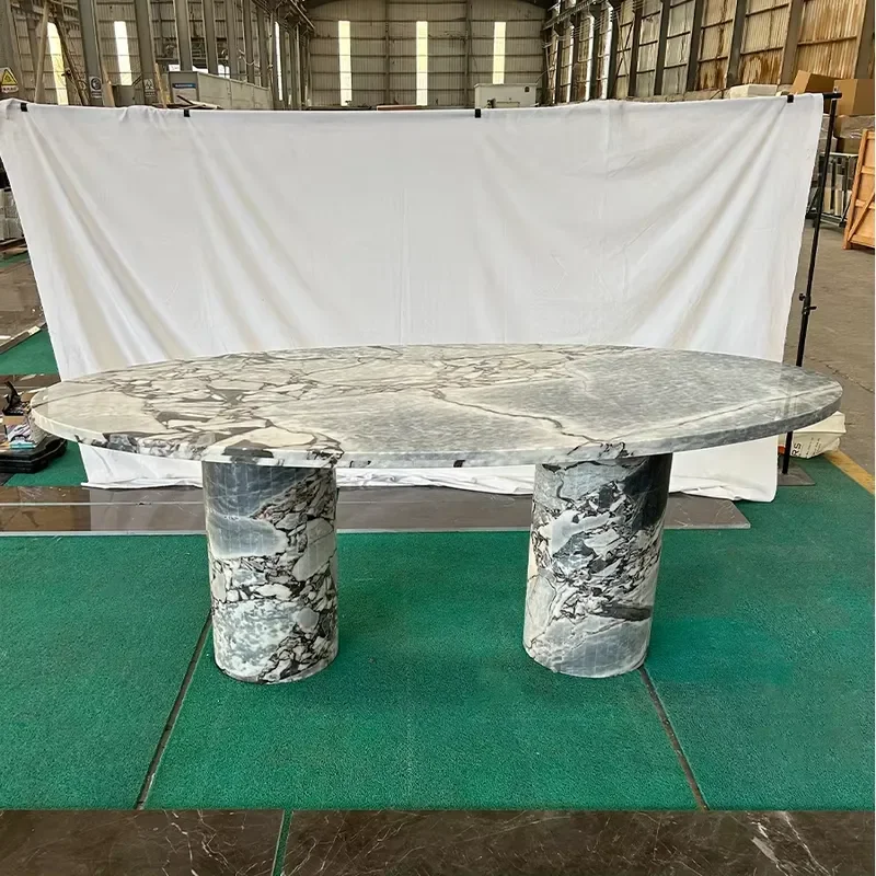 New Design Customized Dining Room Furniture Oval Natural Stone Round Calacatta Blue Marble Dining Table With 2 Legs