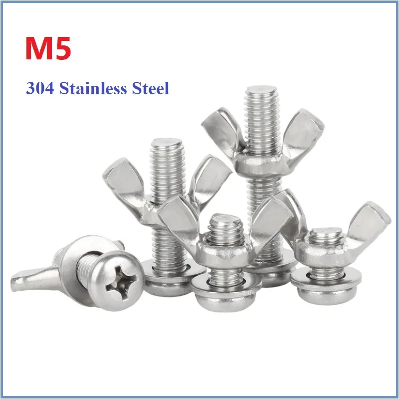 Cross Round Head Screw 304 Stainless Steel M5 With Flat Washer Butterfly Nut Three Combination Sets