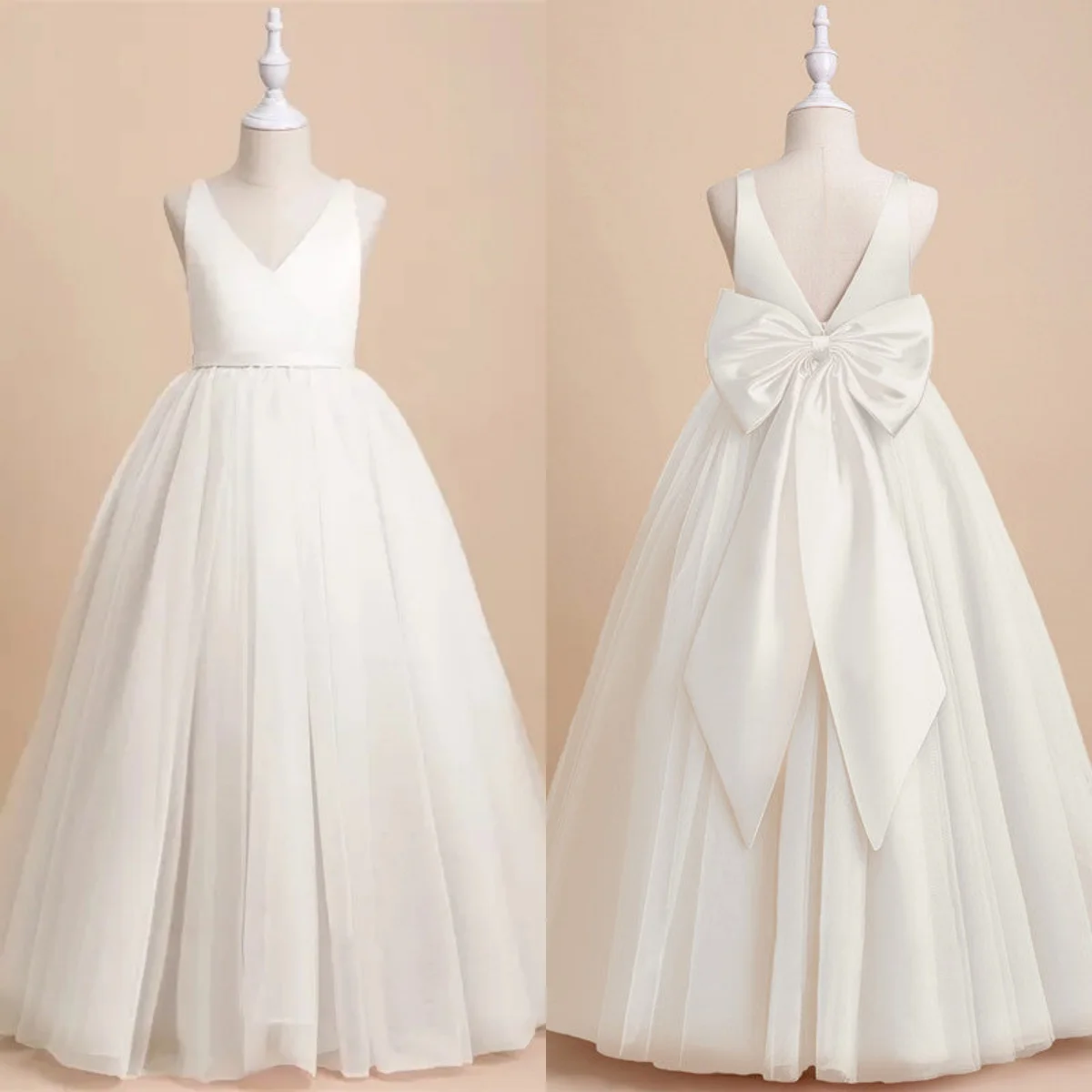 

White Tulle A-line Flower Girl Dresses Satin Big Bow Belt Double V-neck Classic Evening Dress Kids Wedding Party Guest Gowns