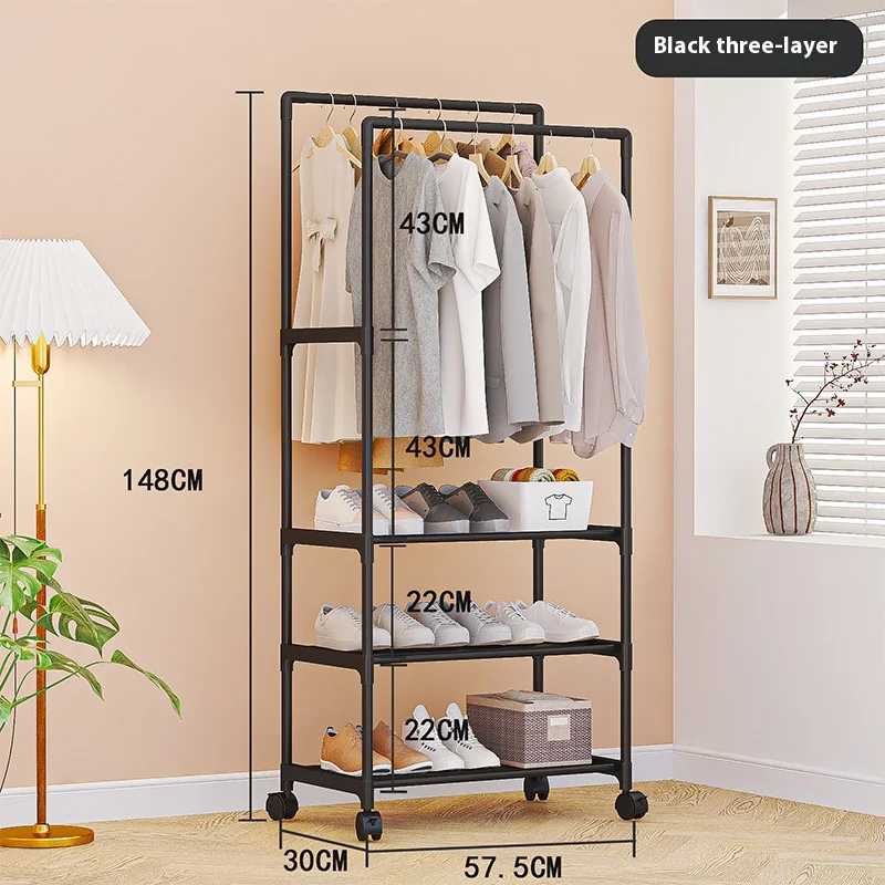 Simple Multifunctional Hanger Shoe and Hat Integrated Clothes Drying Rack Storage Clothes Racks Double Rods Coat Rack with Wheel