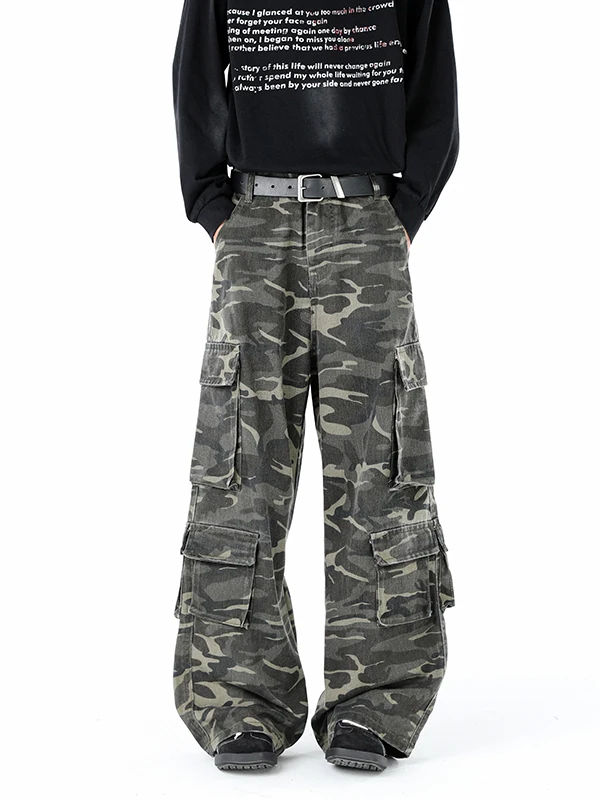 

Мужские камуфляжные джинсы-карго в стиле американского хип-хопа, прямые брюки для работы, повседневные молодежные джинсы Bell Bot
