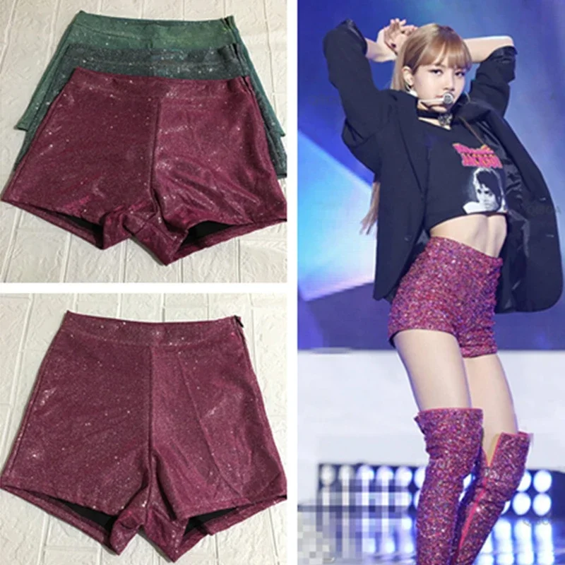 

3-цветные эластичные шорты с высокой талией и блестками, шорты для джазовых танцев в стиле хип-хоп, женские брюки для танцев на пилоне, наряд для рейв-фестиваля XS4935