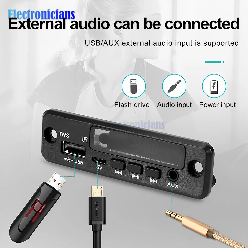 Audio Decode Board Car Music MP3 Decoder Board Bluetooth 5.0 Support AUX FM USB Hands-Free Calling Audio Player Module