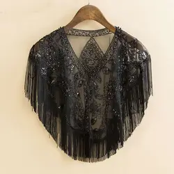 Women's Summer Thin Handmade Crochet Lace Mesh Vintage 1920s Flapper Shawl Sequin Fringe Gatsby Evening Bolero Cape 3925