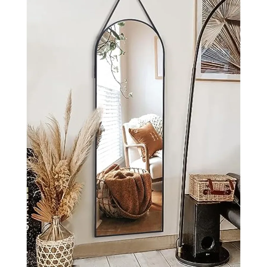 

ITS RG Arched Full Length Wall Mirror - Mounted with Leather Strap for Bathroom, Living Room, Entryway 16"x48" Black