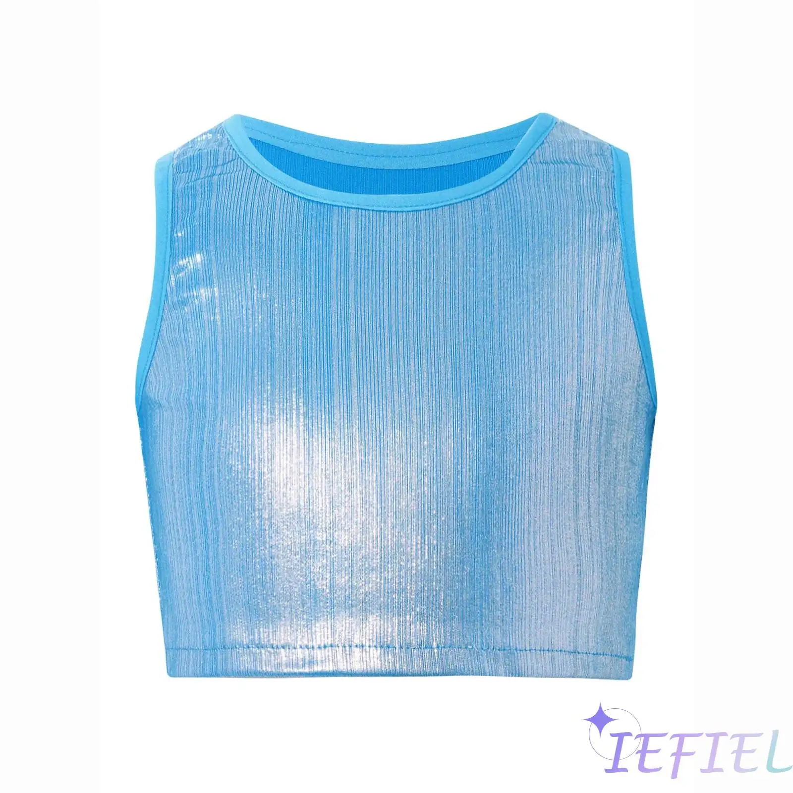 

Girls Ballet Dance Top Jazz Dance School Stage Performance Costume Round Neck Sleeveless Metallic Ribbed Vest Crop Top Practice