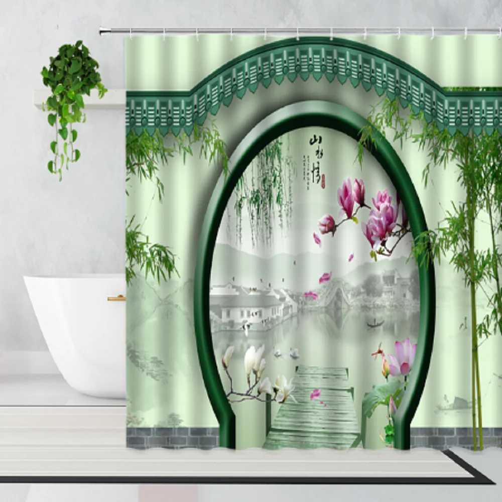 

Retro Arch Door Shower Curtains Chinese Style Antique Frame Arches Courtyard Natural Scenery Bathroom with Hooks Bath Curtain