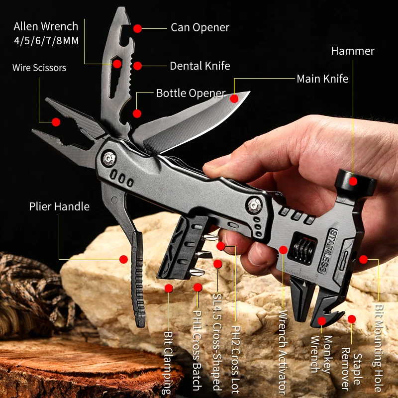 Multifuncional Wrench Hammer and Knife Alicates Outdoor Camping Survival Tool Ferramenta de poupança de trabalho Faca multi-ferramenta de aço