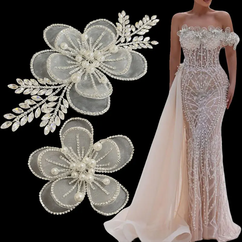 

Металлическая цепочка с жемчугом и бисером, 3D аппликация в виде цветка для свадебного платья, женская нашивка с кристаллами.