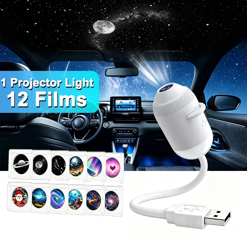 2-in-1 USB Sternenhimmel-Projektor, Auto-Innenraum-Deckenbeleuchtung, Ambiente-Projektionslampe mit Manueller Fokussierung, Atmosphärisches Sternenhimmel-Nachtlicht