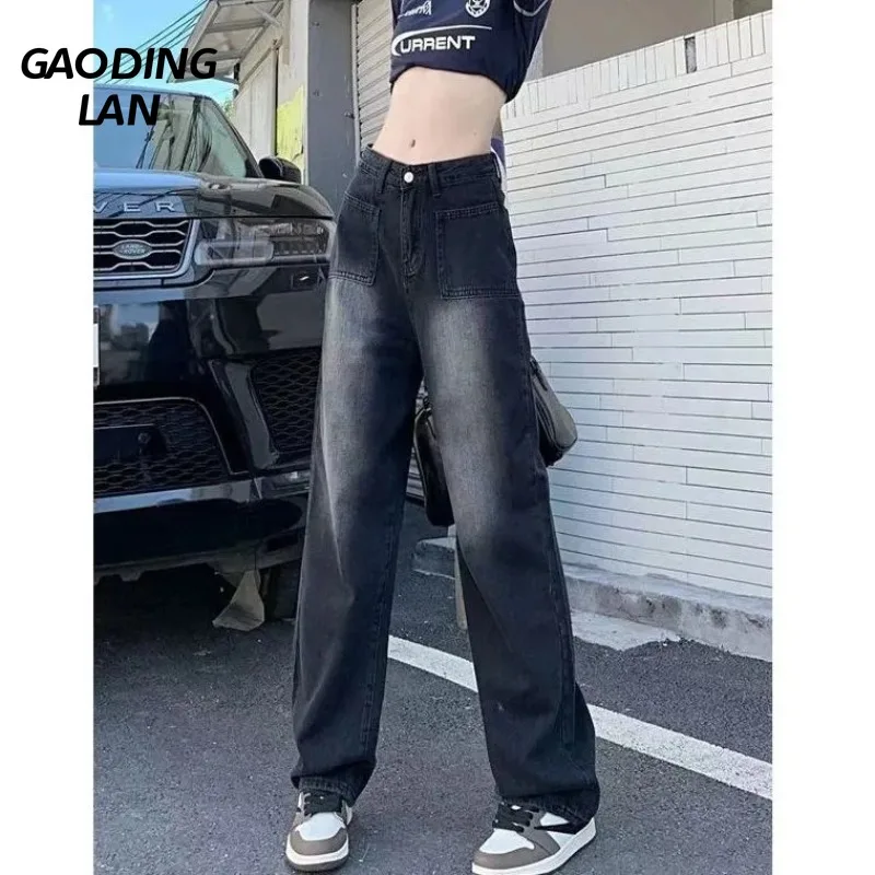 

GAODINGLAN Vintage Black Wash Baggy Jeans Women Straight Leg Loose Denim Pants Female Large Size Y2k High Waist Long Trousers