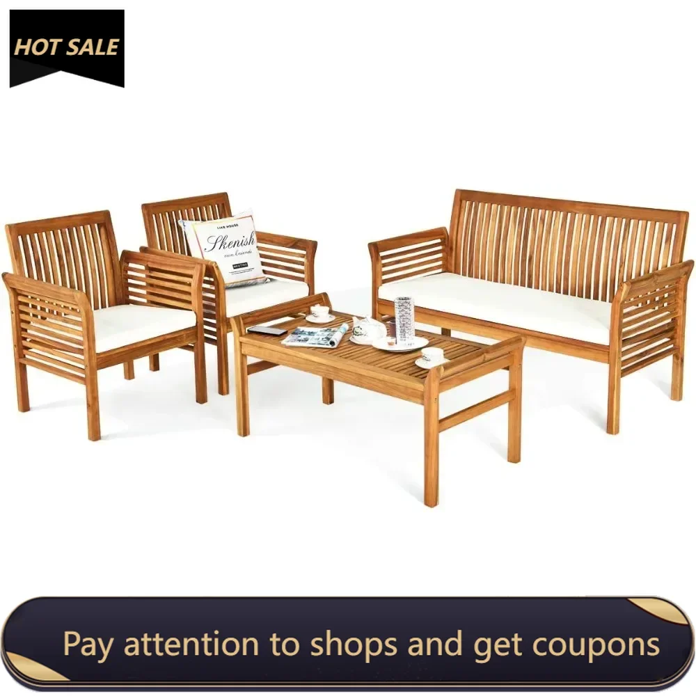 4 Piece Outdoor Acacia Wood Sofa Set With Water Resistant Cushions Chaise Lounge Backyard Outdoor Furniture Terrace Tools Gazebo