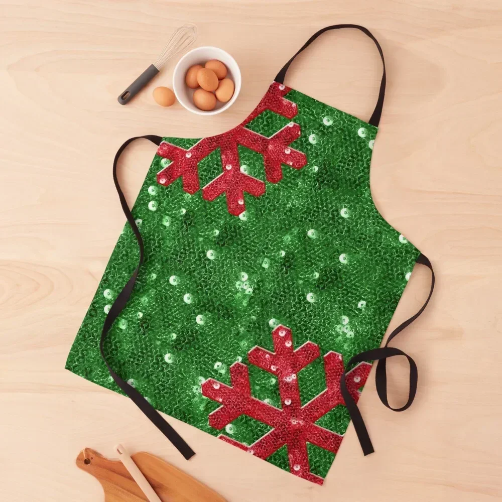 Red Sequin-Look Snowflake Apron kitchen clothes for men Kitchen Things For Home carpenter manicurist Apron