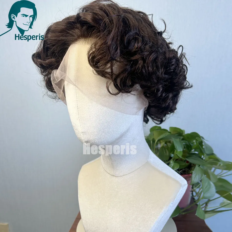 ヘスペリス男性用人毛ブラウンウィッグプレスタイルカーリーフルレースウィッグ男性用ハンサムコスプレ人毛ウィッグ接着剤不要ブラウンヘア
