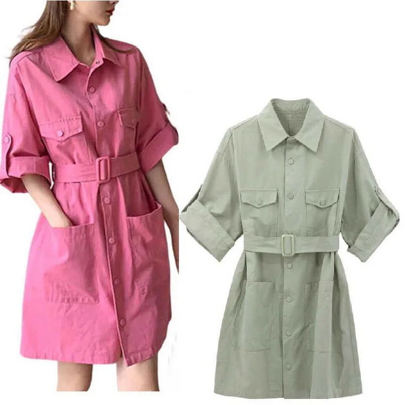 

Shirt Dress Women Single Breasted Large Pocket Bodysuit Dresses High Waist French Dress