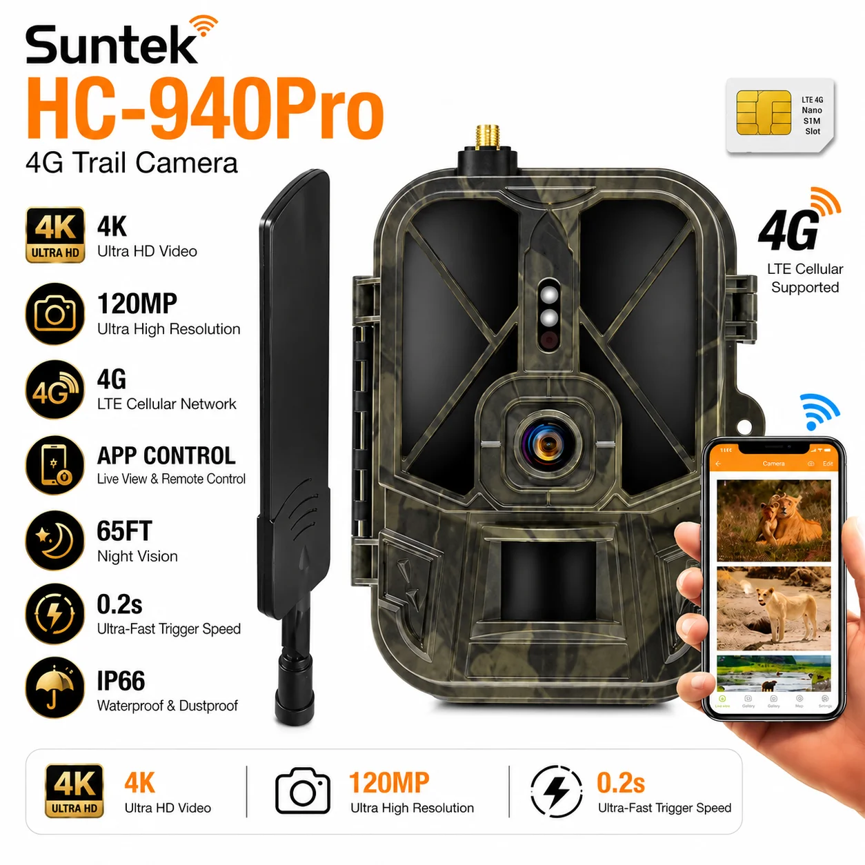 Suntekcam 4K 120MP à prova d'água IP65 HC-940Pro-Li 4G LTE câmera de trilha de caça nuvem gratuita streaming ao vivo e controle por aplicativo