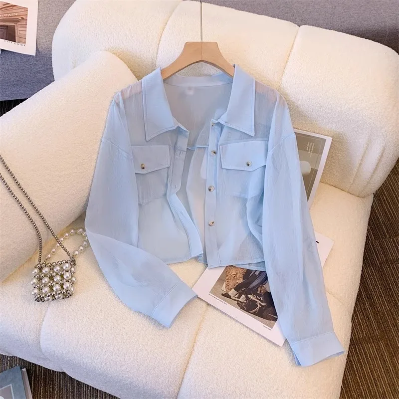 Office Lady Spring Summer Thin Solid Color Sunscreen Shirt Women Loose Breathable Long Sleeve Chiffon Shirts Women\'s Short Tops