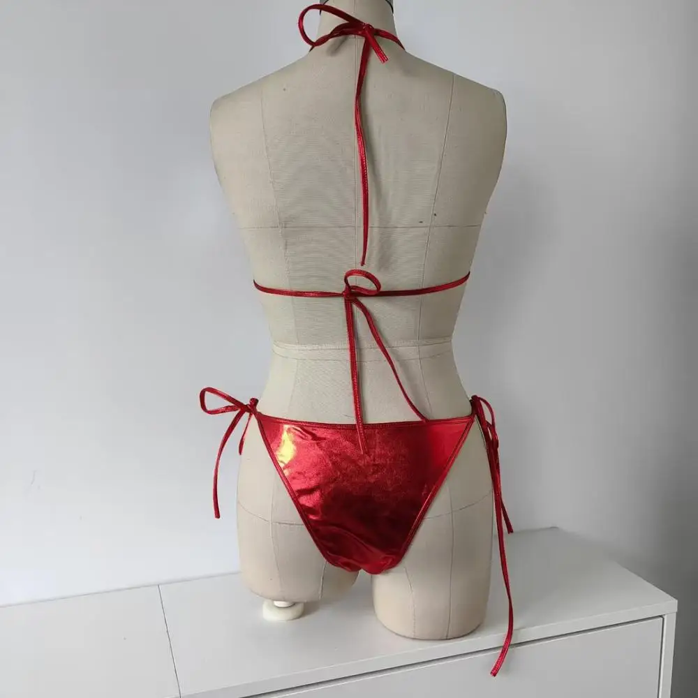 Sexy Bikini Set Patent Leather Swimwear Women Hollow Out Split Bathing Suit Summer Beach Holiday Pool Party Outfit