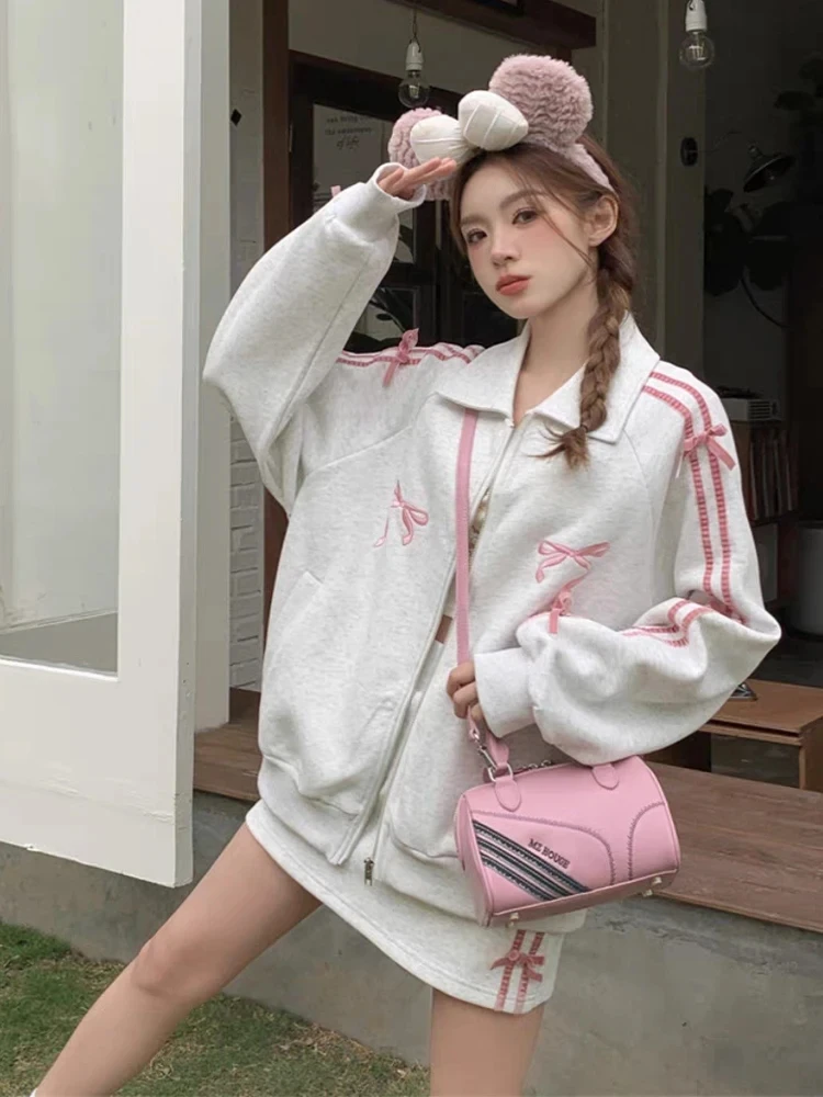 

2024 Spring Autumn Women's Bow Skirt Suit Thicken Hoodies Embroidery Zipper Simple Casual Clothing