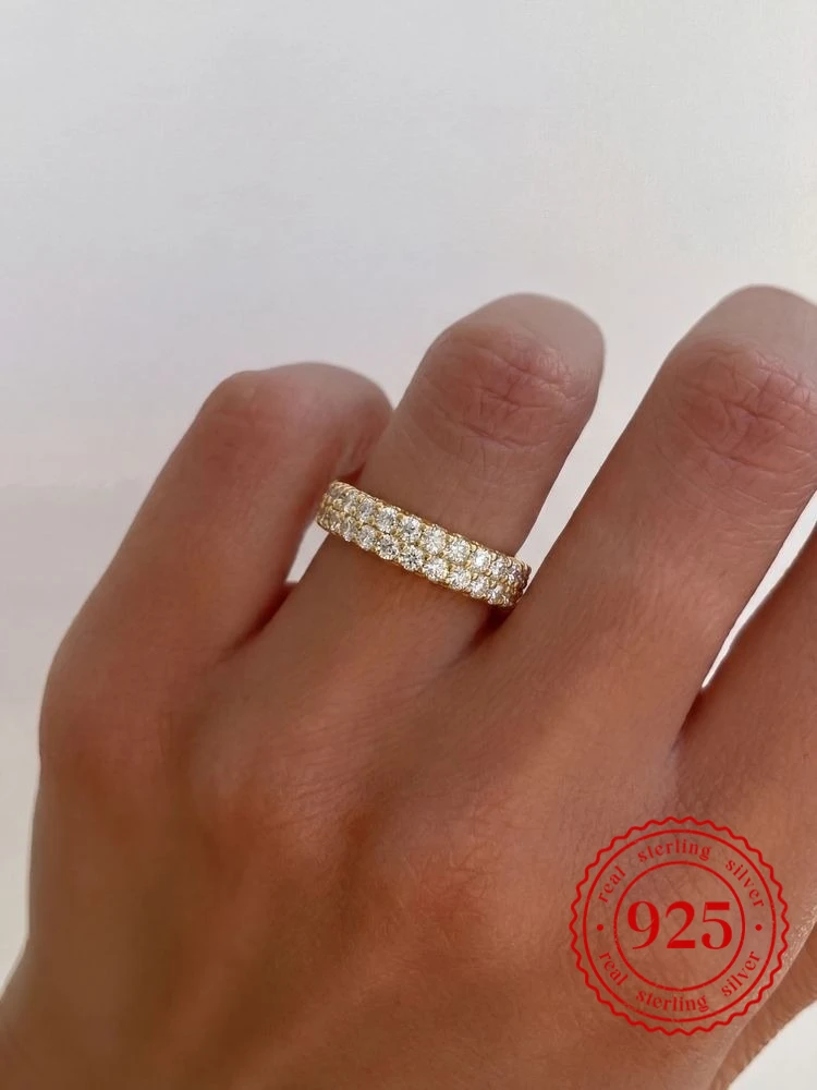 925 Sterling Silber Wunderschöner Funkelnder Doppelschichtiger Zirkon-Ring für Damen Verlobung Hochzeit Luxus Hochwertige Feine Schmuckstücke