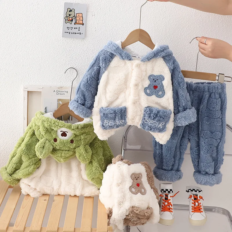 

Children's clothing, boys' autumn and winter pajamas set, baby flannel, children's warm and coral fleece thickened home clothes