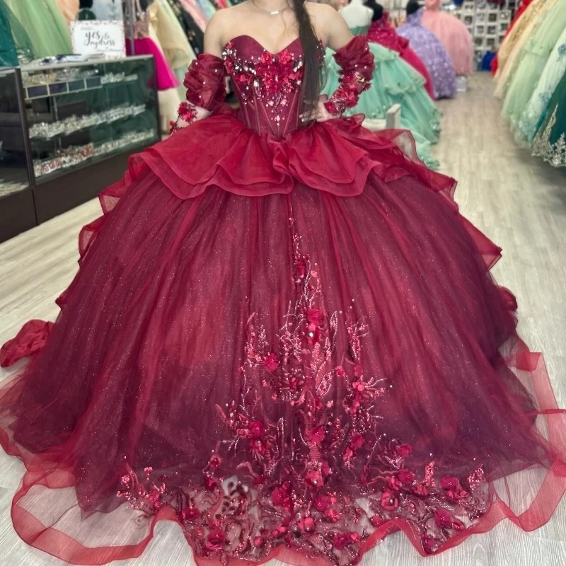 

Red Sparkle Sequined Quinceanera Dress 3D Flowers Applique Beaded Ball Gowns Sweep Train Vestido de 15 Años Sweet 16