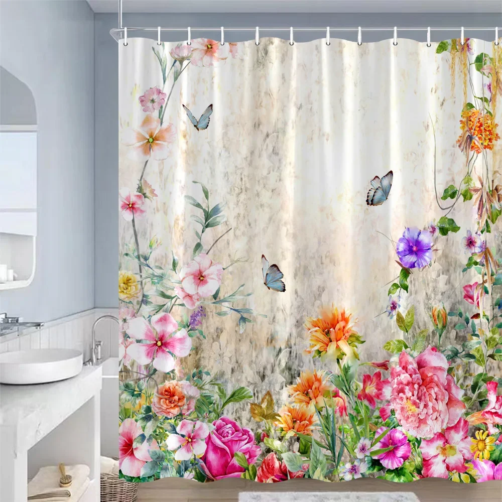 Butterfly Flowers Shower Curtains Pink Purple Blue Watercolour Floral Plants Vintage Art Modern Fabric Bathroom Decor with Hooks