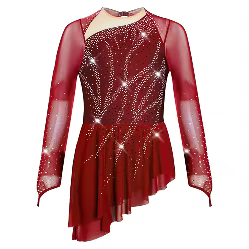 Kids Girls Figure Skating Rhythmic Gymnastics Leotard Dress Asymmetrical Split Shiny Rhinestones Contrast Color Dress Ballerina - Image 16