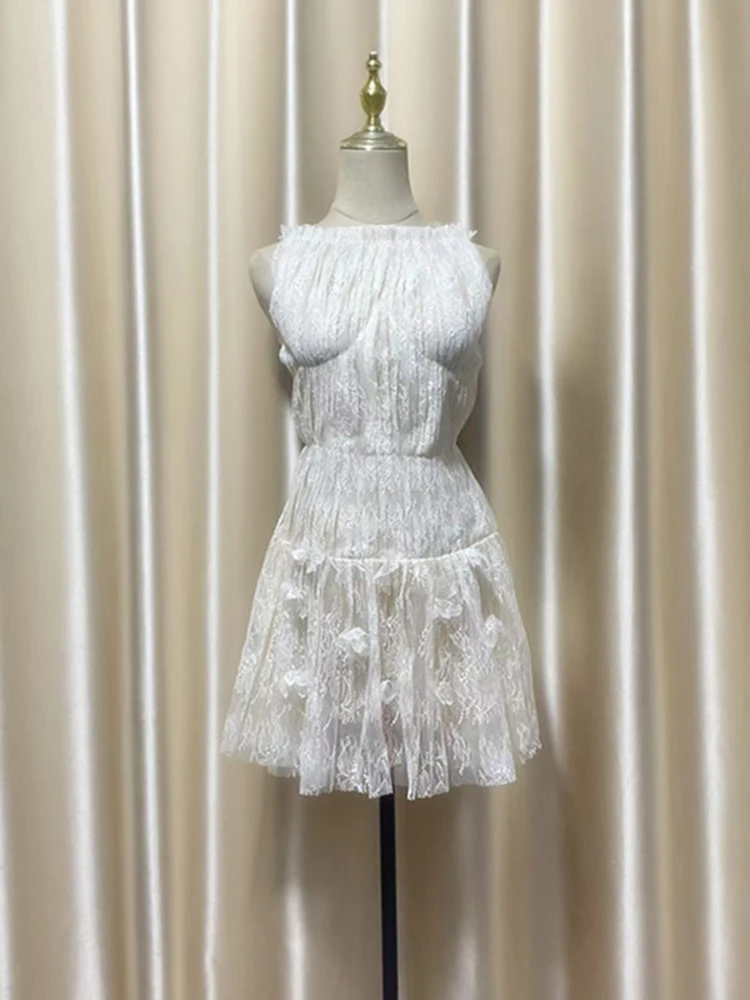 고품질 3D 나비넥타이 레이스 드레스 봄 여성 민소매 지퍼 슬림 숏 드레스 여름 하이웨이스트 솔리드 레이스 미니 드레스
