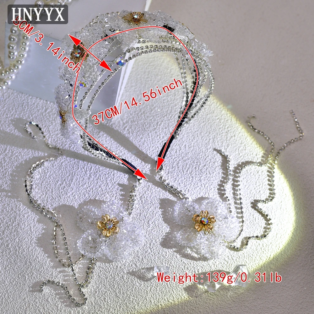 HNYYX Luxury Rhinestone Hair Accessories Crystal Beaded Flower Headband Vintage Wide Hair Hoop Hairwear Bridal Headdress A101