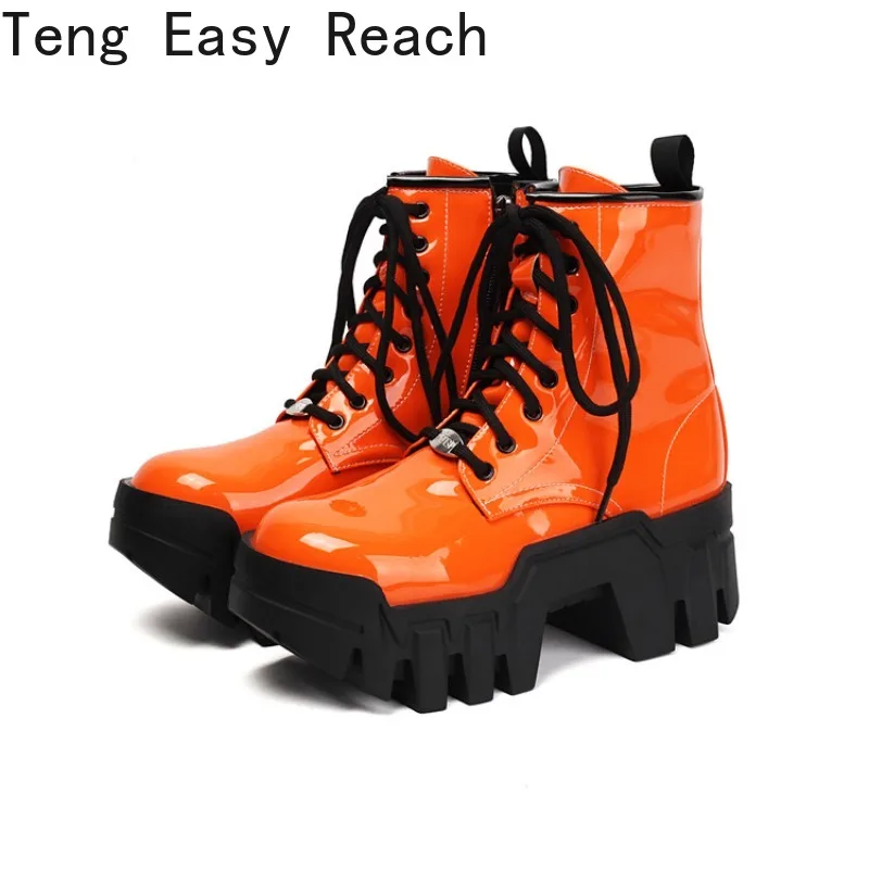 

Большие размеры 35–44, армейские ботинки на высоком каблуке из лакированной кожи на массивной платформе, женские мотоциклетные ботинки в стиле панк-рок на шнуровке