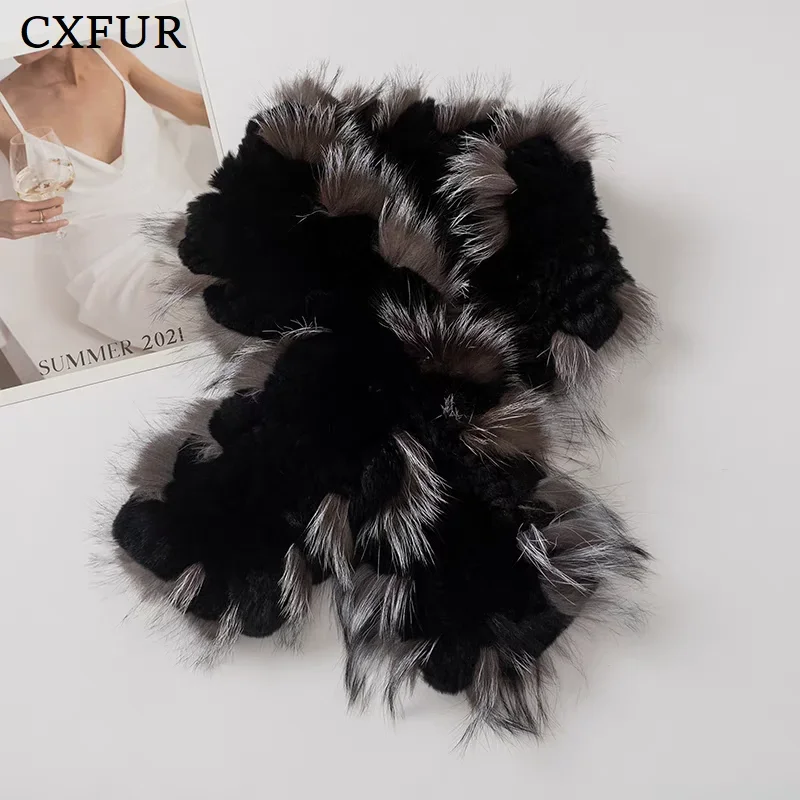 رخيصة بيع المرأة حقيقية ريكس الأرنب الفراء محبوك الأوشحة مع وشاح الفراء الثعلب تقليم #4